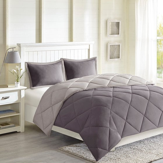 Olliix.com Comforters & Blankets - 3M Scotchgard Diamond Quilting Reversible Down Alternative Comforter Set Charcoal/Grey Full/Queen