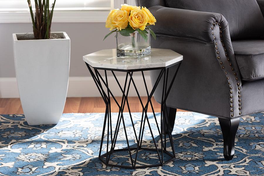 Wholesale Interiors Side & End Tables - Venedict Modern and Contemporary Black Metal End Table with Marble Tabletop