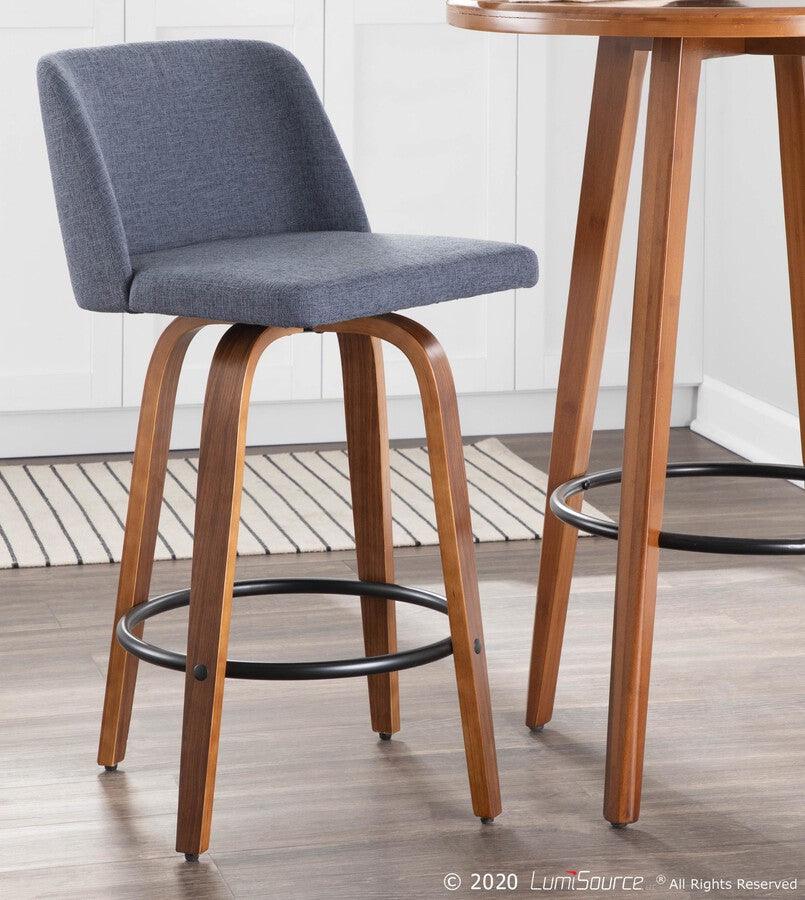 Lumisource Barstools - Toriano Mid-Century Counter Stool Walnut and Blue Fabric - Set of 2