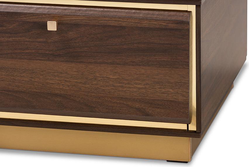 Wholesale Interiors Coffee Tables - Cormac Mid-Century Modern Brown Wood and Gold Metal 2-Drawer Coffee Table