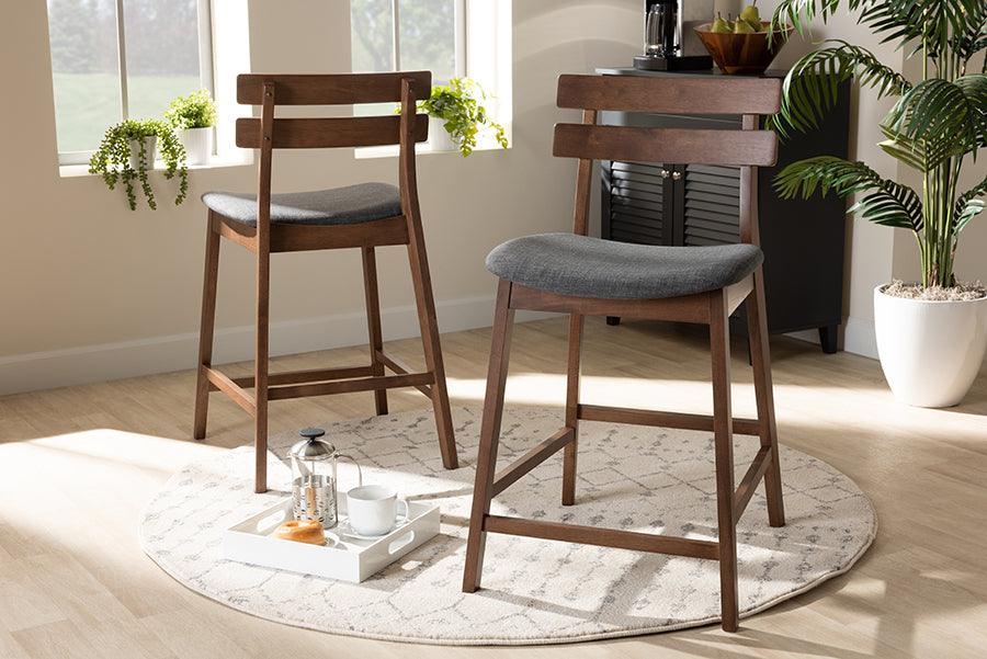 Wholesale Interiors Barstools - Larine Contemporary Grey Fabric Upholstered Walnut Wood Counter Stool Set of 2