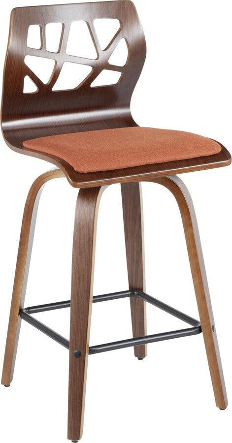 Lumisource Barstools - Folia Mid-Century Modern Counter Stool in Walnut Wood and Orange Fabric - Set of 2