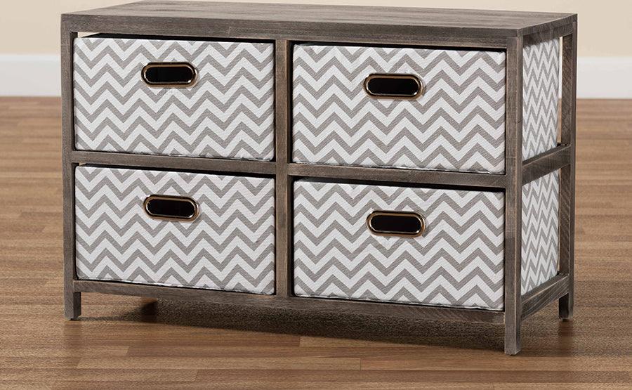 Wholesale Interiors Bedroom Organization - Jorah Modern Grey and White Fabric Greywashed Wood 4-Basket Storage Unit