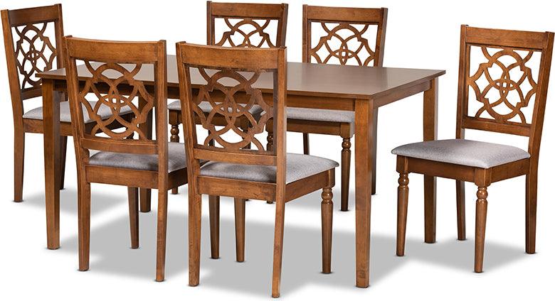 Wholesale Interiors Dining Sets - Renaud Grey Fabric Upholstered and Walnut Brown Finished Wood 7-Piece Dining Set
