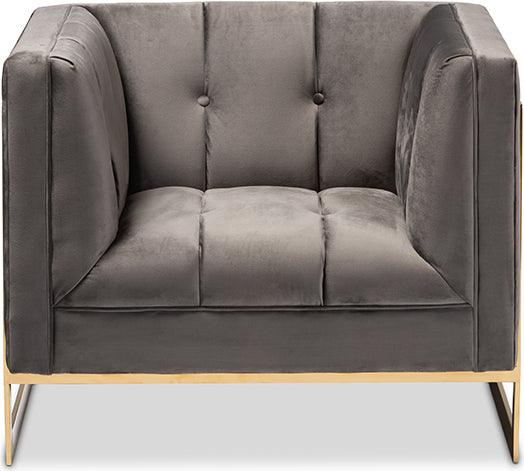 Wholesale Interiors Accent Chairs - Ambra Glam and Luxe Grey Velvet and Button Tufted Armchair with Gold-Tone Frame