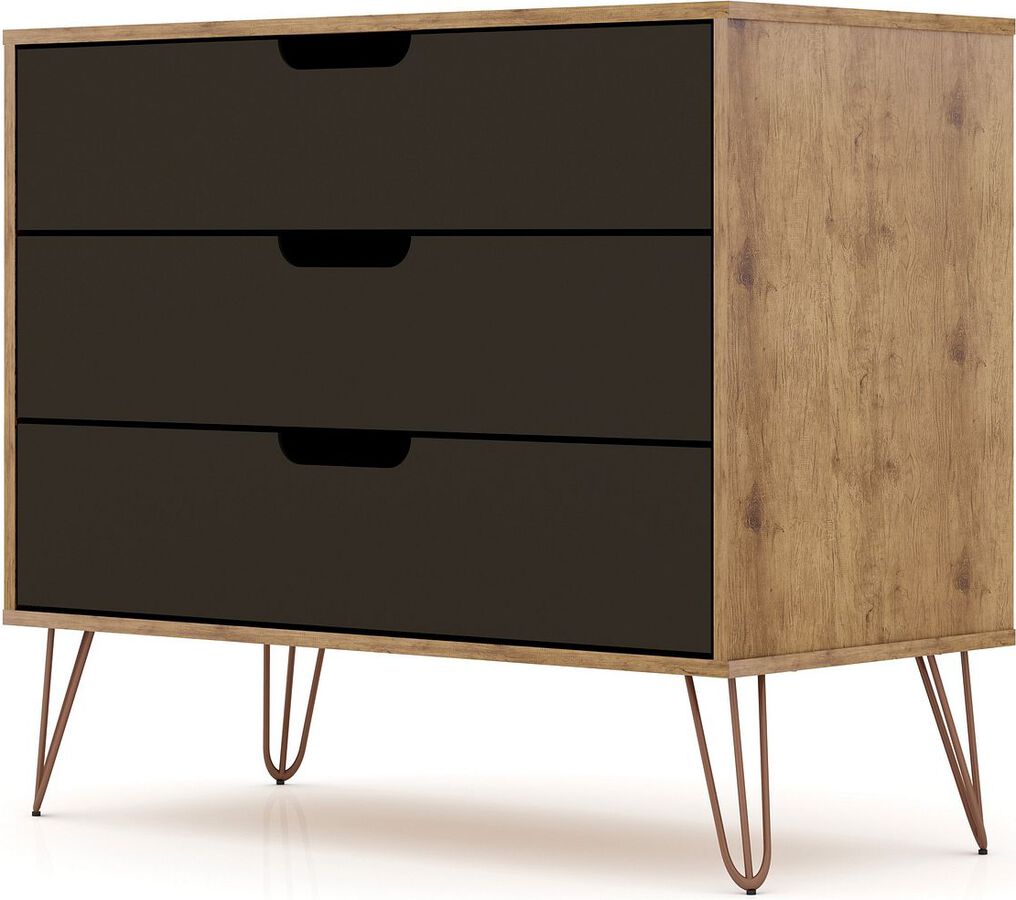 Manhattan Comfort Dressers - Rockefeller Mid-Century- Modern Dresser with 3- Drawers in Nature & Textured Gray