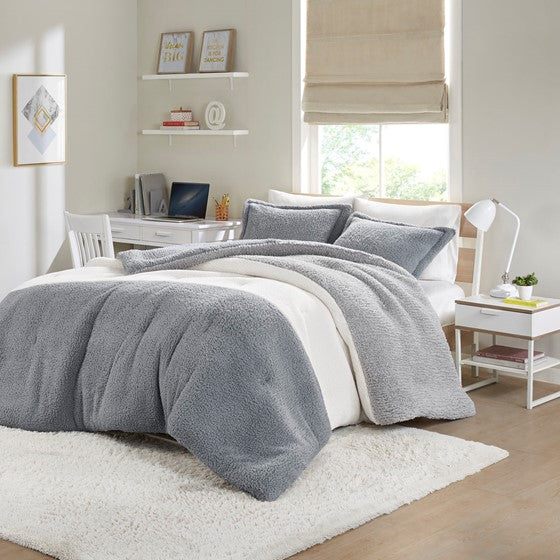 Olliix.com Comforters & Blankets - Color Block Overfilled Sherpa Comforter Set Grey/Ivory Twin XL