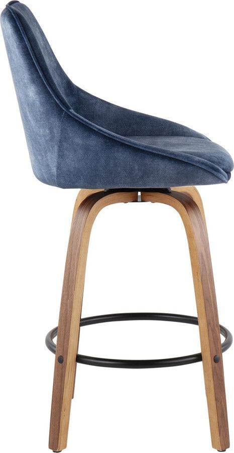 Lumisource Barstools - Diana Contemporary Counter Stool in Walnut Wood & Blue Velvet with Black Round Footrest - Set of 2