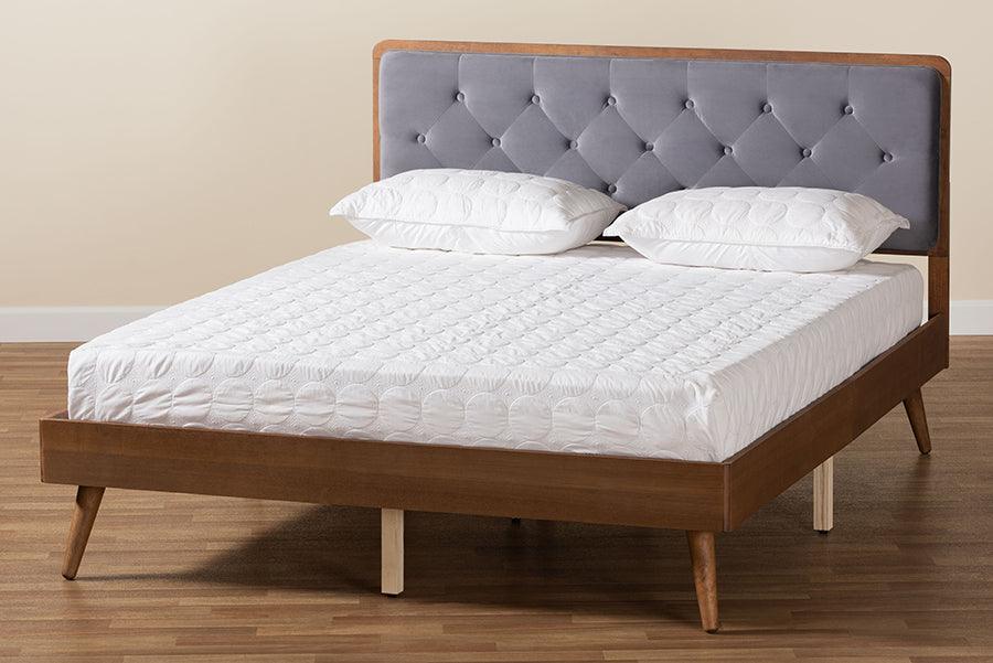 Wholesale Interiors Beds - Larue Modern and Contemporary Grey Velvet and Brown Wood King Size Platform Bed