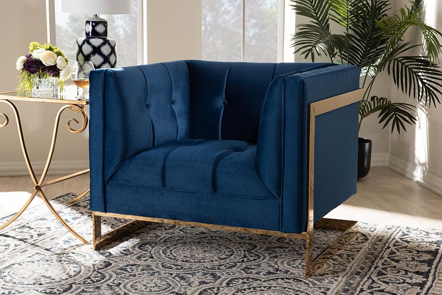 Wholesale Interiors Accent Chairs - Ambra Glam Royal Blue Velvet and Button Tufted Armchair with Gold-Tone Frame