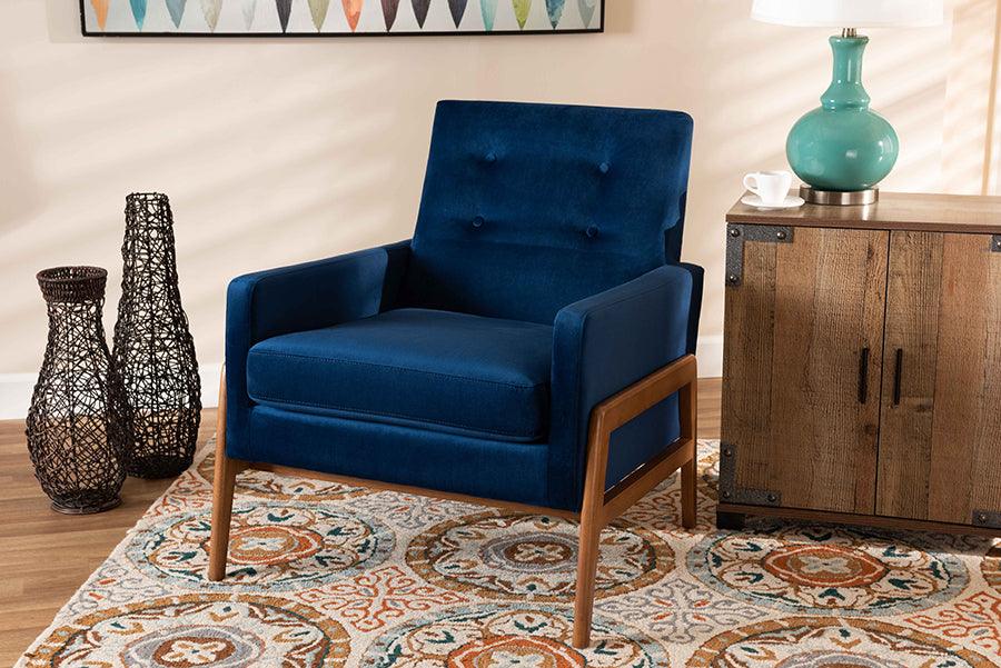 Wholesale Interiors Accent Chairs - Perris Navy Blue Velvet Fabric Upholstered and Walnut Brown Finished Wood Lounge Chair