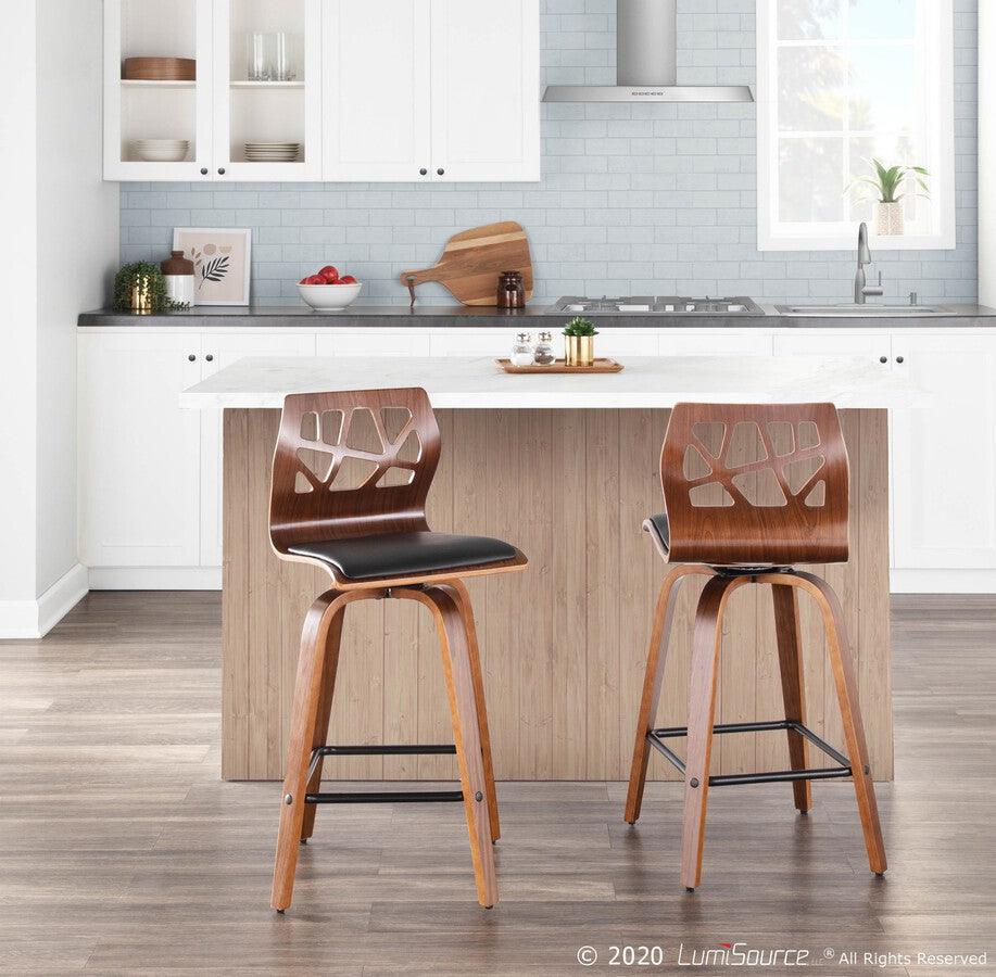 Lumisource Barstools - Folia Mid-Century Modern Counter Stool in Walnut Wood and Black Faux Leather - Set of 2