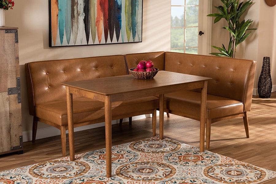 Wholesale Interiors Dining Sets - Arvid Mid-Century Modern Tan Faux Leather and Brown Wood 3-Piece Dining Nook Set