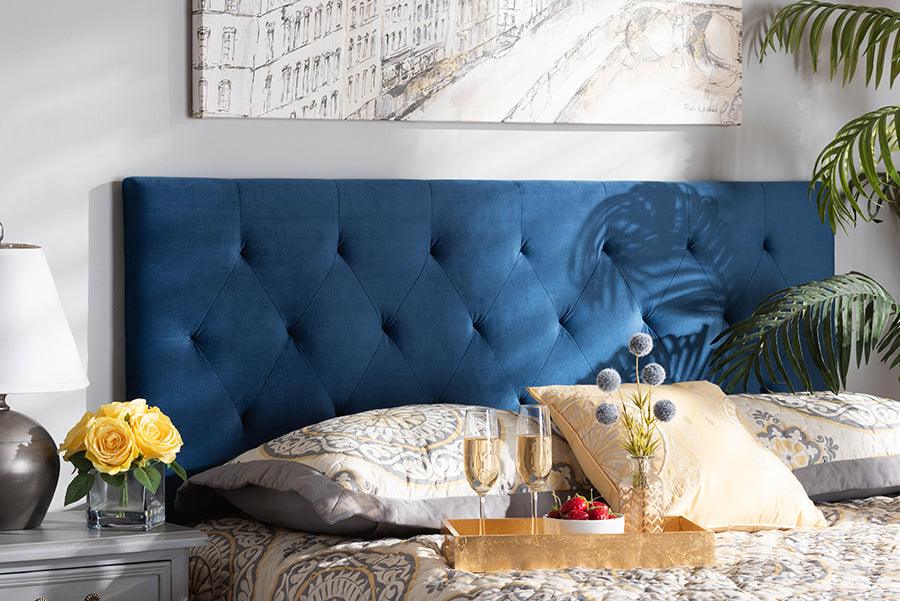 Wholesale Interiors Headboards - Felix Navy Blue Velvet Fabric Upholstered Queen Size Headboard