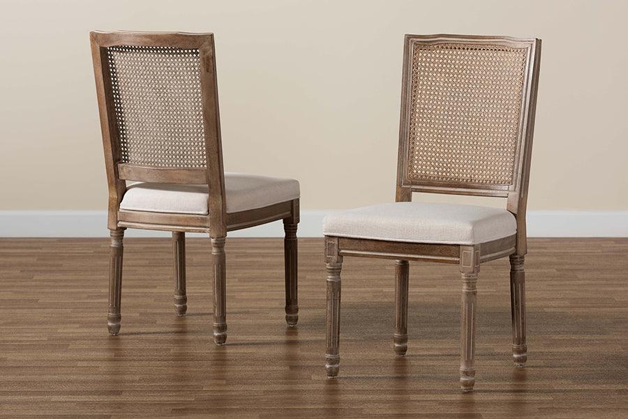 Wholesale Interiors Dining Chairs - Louane Beige Fabric and Antique Brown Finished Wood 2-Piece Dining Chair Set with Rattan