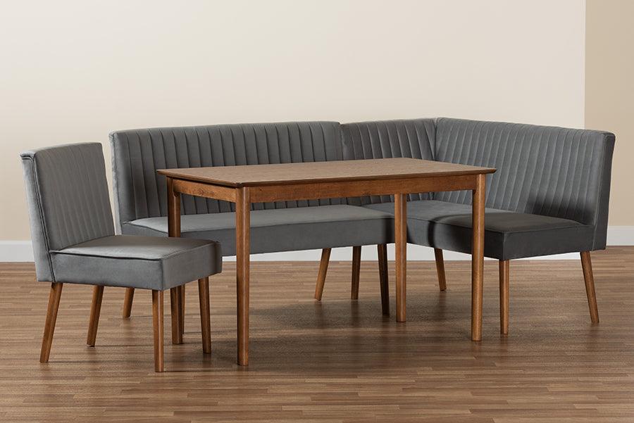 Wholesale Interiors Dining Sets - Alvis Modern Grey Velvet Upholstered and Walnut Brown Finished Wood 4-Piece Dining Nook Set