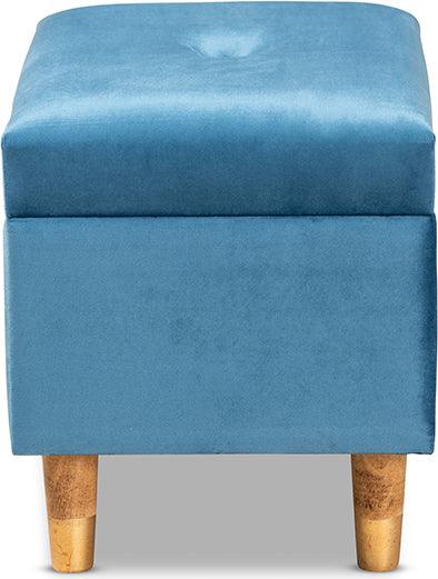 Wholesale Interiors Ottomans & Stools - Elias Sky Blue Velvet Fabric Upholstered and Oak Brown Finished Wood Storage Ottoman