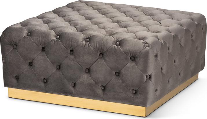 Wholesale Interiors Ottomans & Stools - Verene Glam and Luxe Grey Velvet Gold Square Cocktail Ottoman