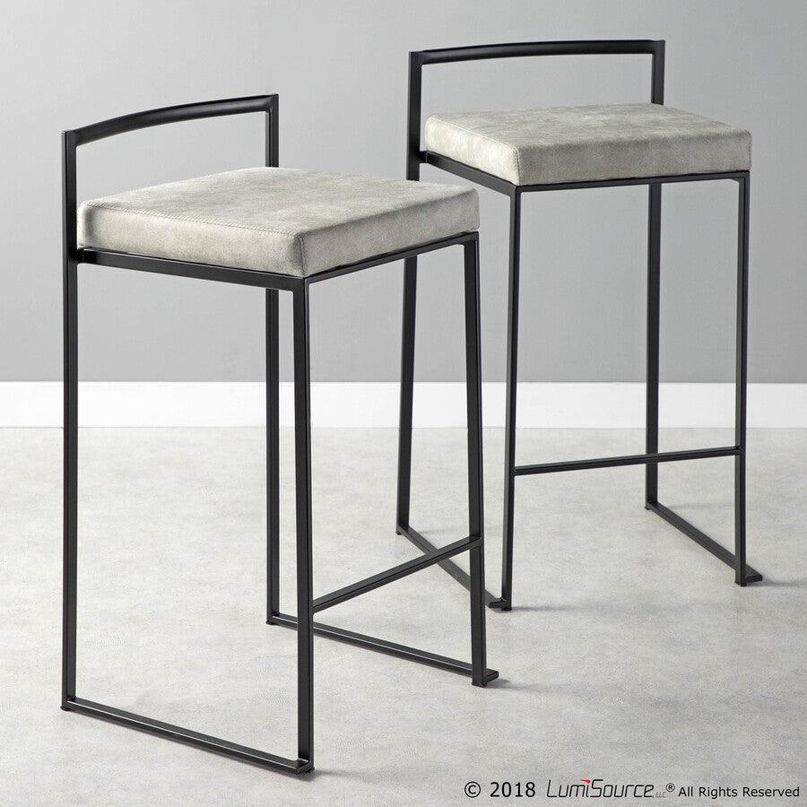 Lumisource Barstools - Fuji Stackable Counter Stool in Black with Light Grey Cowboy Fabric Cushion - Set of 2