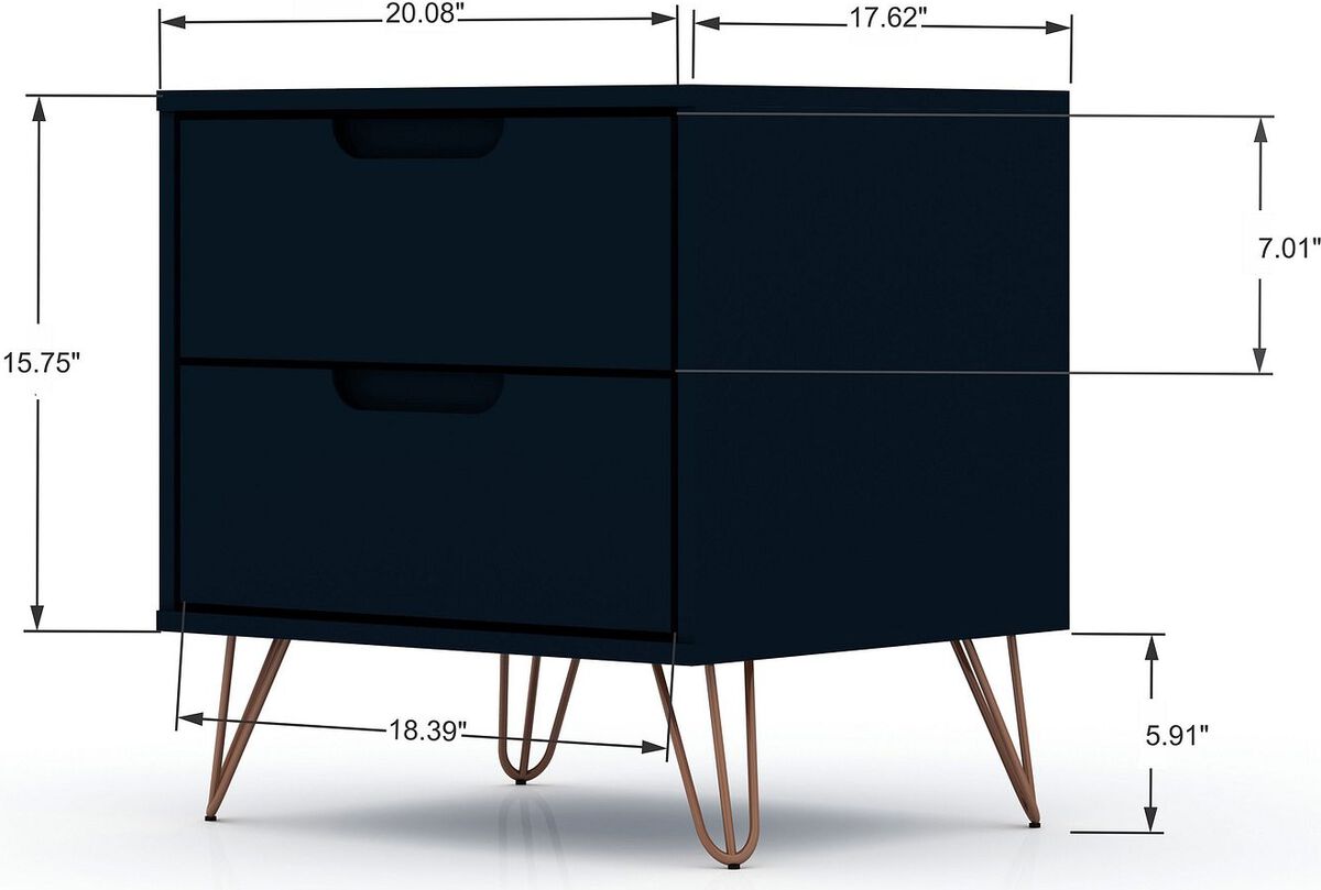 Manhattan Comfort Nightstands & Side Tables - Rockefeller 2.0 Mid-Century- Modern Nightstand with 2-Drawer in Tatiana Midnight Blue