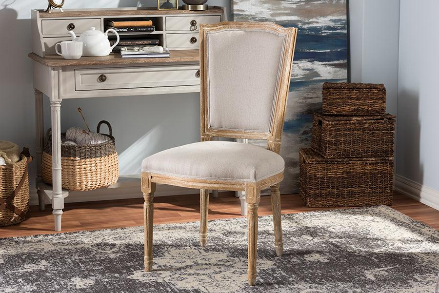 Wholesale Interiors Dining Chairs - Cadencia French Cottage Weathered Oak Finish Wood and Beige Fabric Dining Side Chair