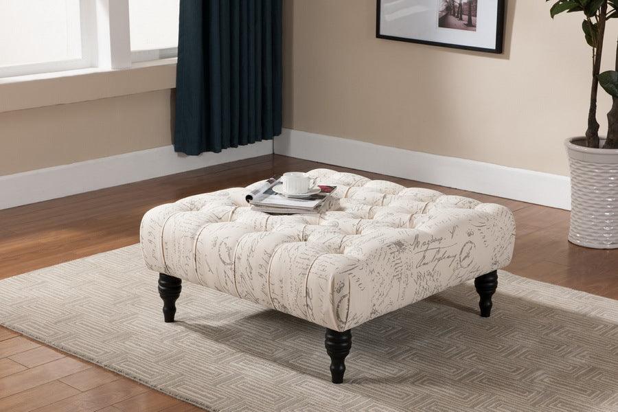 Wholesale Interiors Ottomans & Stools - Keswick Beige Script Print Modern Tufted Ottoman
