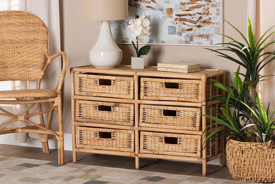 Wholesale Interiors Cabinets & Wardrobes - Dariana Modern Bohemian Natural Brown Rattan 6-Drawer Storage Cabinet