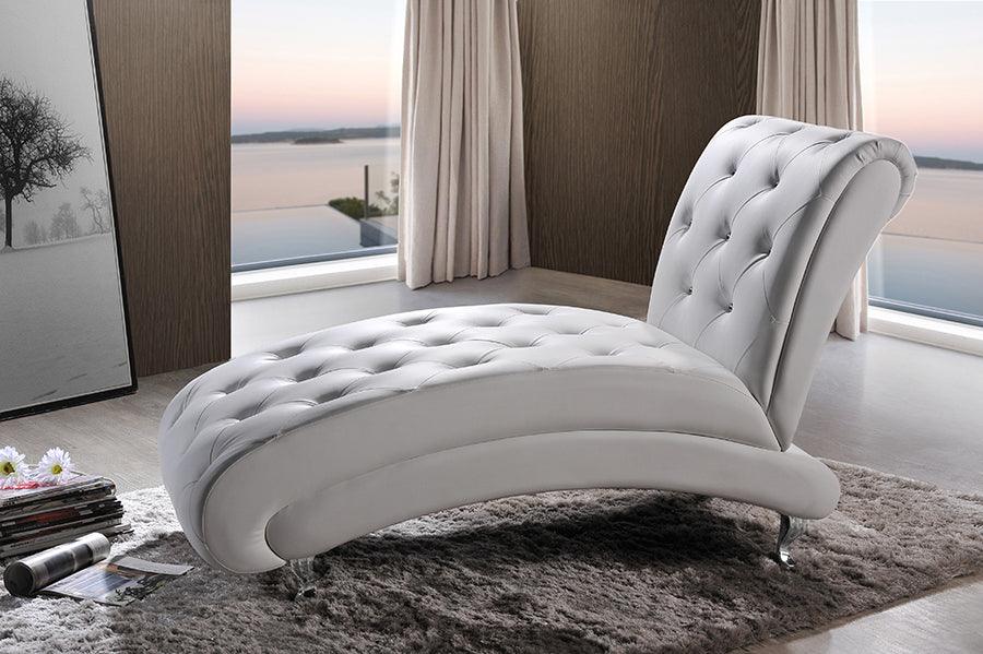 Wholesale Interiors Accent Chairs - Pease Contemporary White Faux Leather Upholstered Crystal Button Tufted Chaise Lounge
