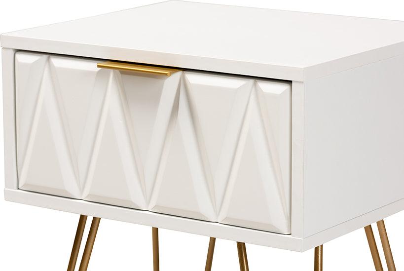 Wholesale Interiors Side & End Tables - Holbrook Contemporary Glam and Luxe White Finished Wood and Gold Metal 1-Drawer End Table