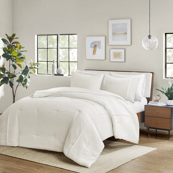 Olliix.com Comforters & Blankets - 3 Piece Striped Seersucker Oversized Comforter Set Ivory Full/Queen