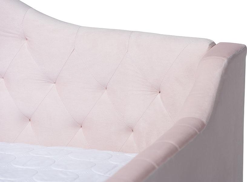 Wholesale Interiors Daybeds - Perry Light Pink Velvet Fabric Upholstered And Button Tufted Full Size Daybed With Trundle