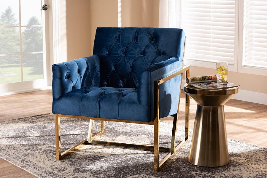 Wholesale Interiors Accent Chairs - Milano Modern And Contemporary Navy Velvet Fabric Upholstered Gold Finished Lounge Chair