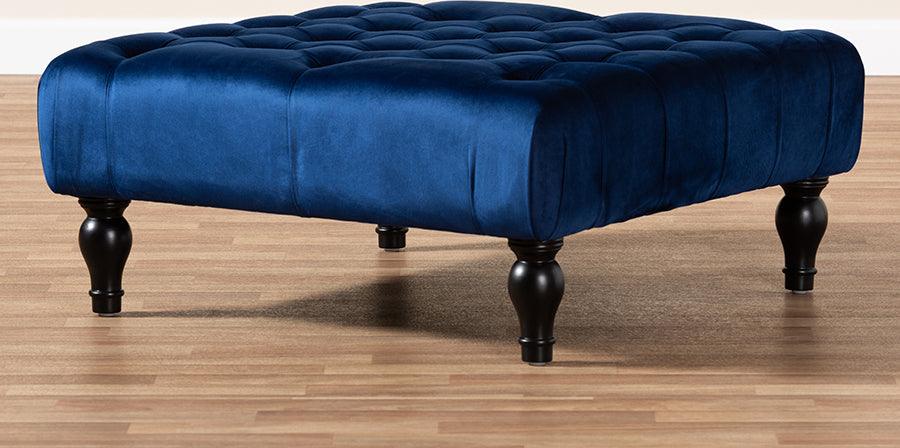Wholesale Interiors Ottomans & Stools - Keswick Transitional Blue Velvet Fabric Upholstered Button Tufted Cocktail Ottoman