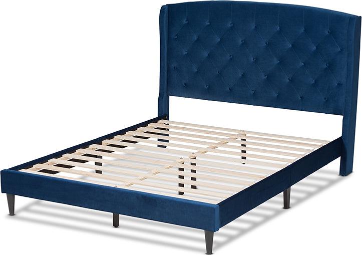 Wholesale Interiors Beds - Joanna Navy Blue Velvet Fabric Upholstered and Dark Brown Finished Wood King Size Platform Bed