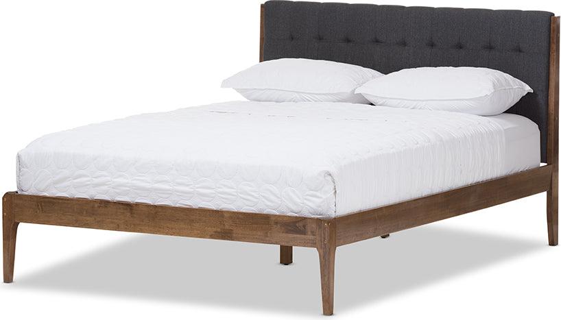Wholesale Interiors Beds - Clifford Mid-Century Dark Grey Fabric and Medium Brown Finish Wood King Size Platform Bed
