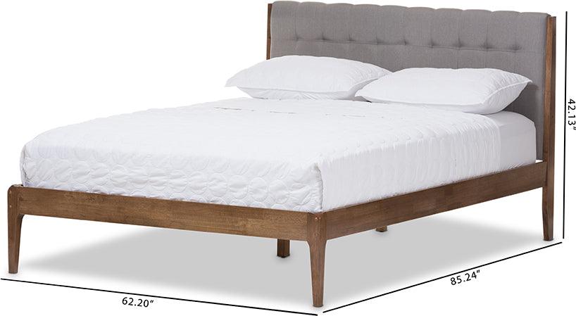 Wholesale Interiors Beds - Clifford Mid-Century Light Grey Fabric and Medium Brown Finish Wood Full Size Platform Bed