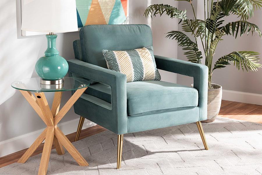 Wholesale Interiors Accent Chairs - Leland Glam and Luxe Light Blue Velvet Fabric Upholstered and Gold Finished Armchair