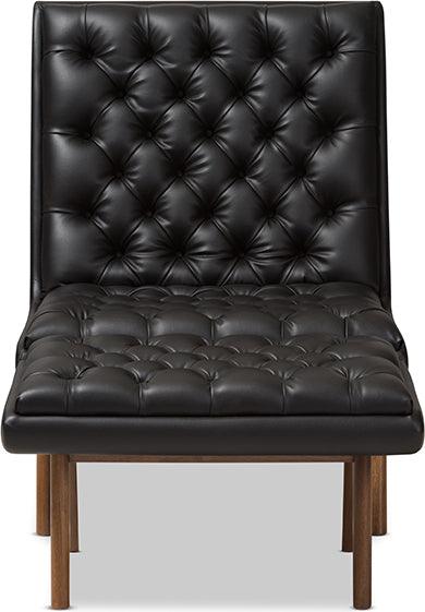 Wholesale Interiors Living Room Sets - Annetha Mid-Century Modern Black Faux Leather Walnut Wood Chair And Ottoman Set