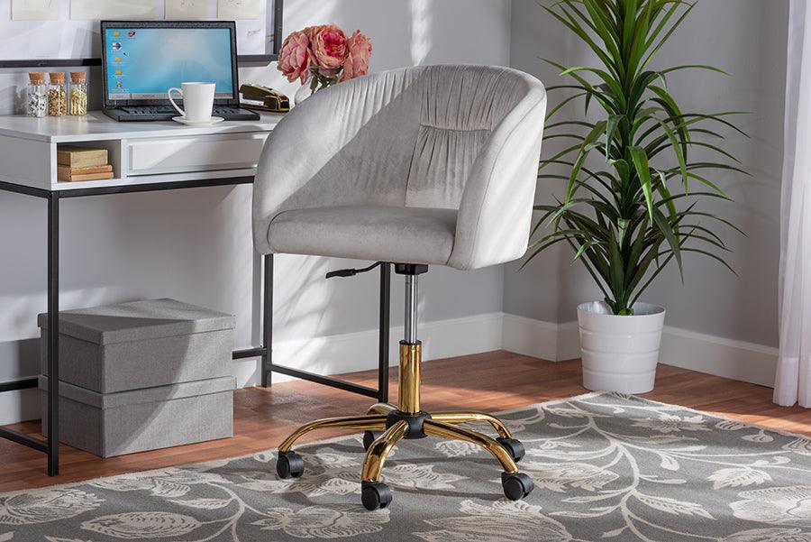 Wholesale Interiors Task Chairs - Ravenna Contemporary Glam and Luxe Grey Velvet Fabric and Gold Metal Swivel Office Chair