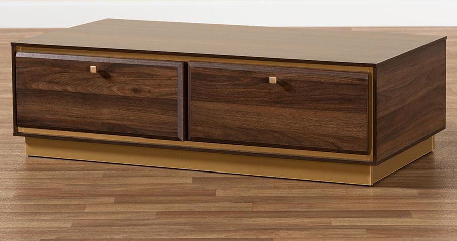 Wholesale Interiors Coffee Tables - Cormac Mid-Century Modern Brown Wood and Gold Metal 2-Drawer Coffee Table