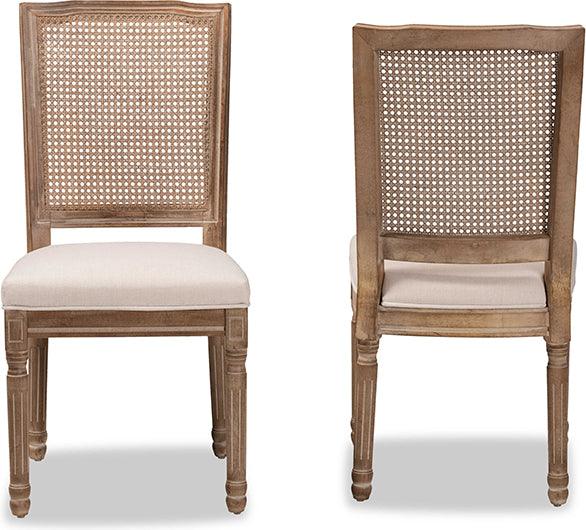 Wholesale Interiors Dining Chairs - Louane Beige Fabric and Antique Brown Finished Wood 2-Piece Dining Chair Set with Rattan