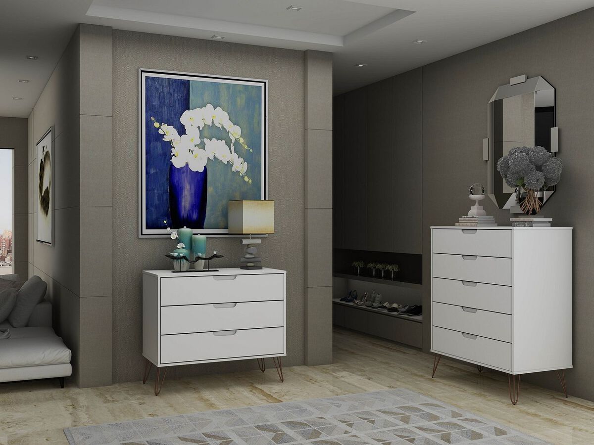Manhattan Comfort Bedroom Sets - Rockefeller 5-Drawer & 3-Drawer White Dresser Set