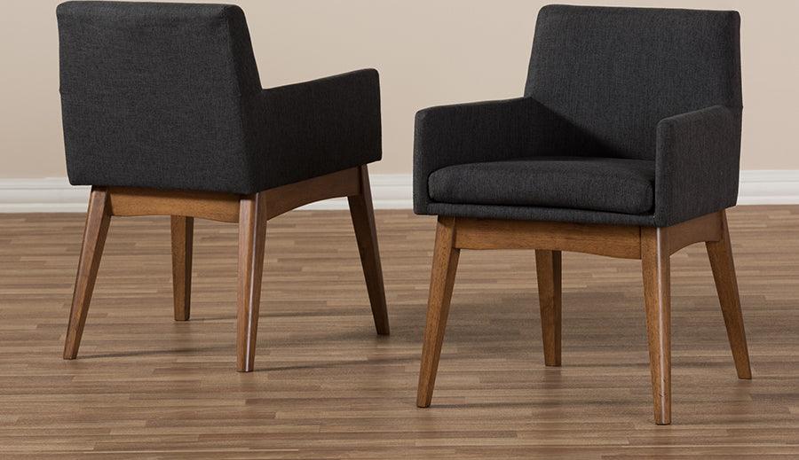 Wholesale Interiors Dining Chairs - Nexus Mid-Century Modern Walnut Wood Dark Grey Fabric Dining Armchair (Set of 2)