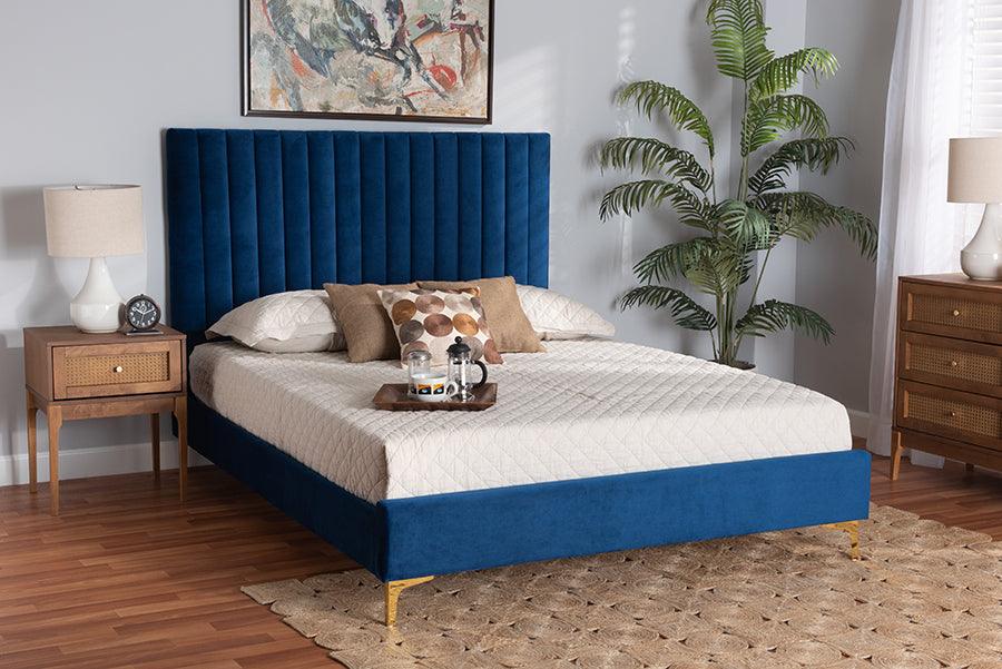 Wholesale Interiors Beds - Serrano Glam and Luxe Navy Blue Velvet Fabric Upholstered and Gold Metal Queen Size Platform Bed