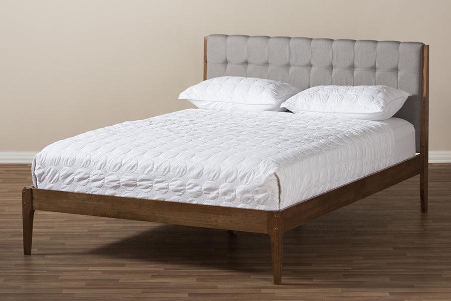 Wholesale Interiors Beds - Clifford Mid-Century Light Grey Fabric and Medium Brown Finish Wood Full Size Platform Bed