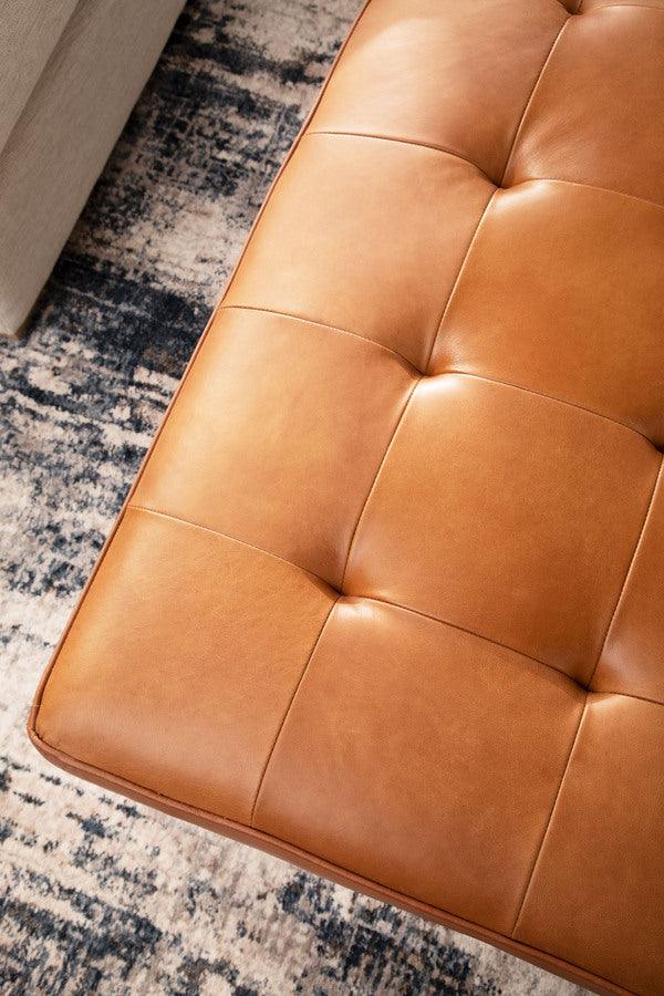Essentials For Living Coffee Tables - Brule Upholstered Coffee Table Whiskey Brown Top Grain Leather, Brushed Brass