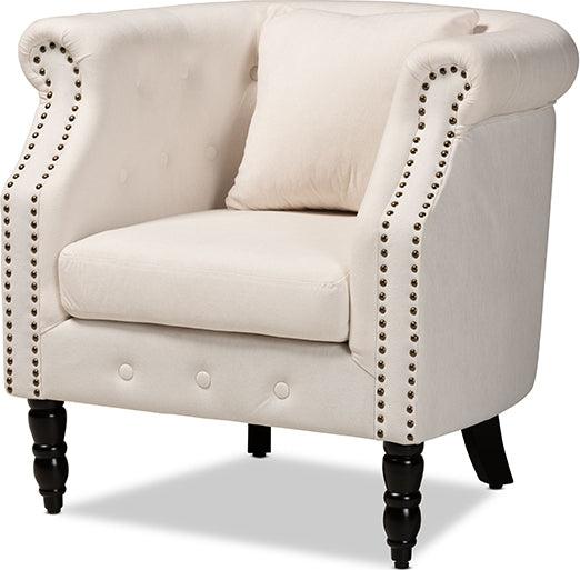 Wholesale Interiors Accent Chairs - Renessa Classic and Traditional Beige Velvet and Dark Brown Wood Armchair