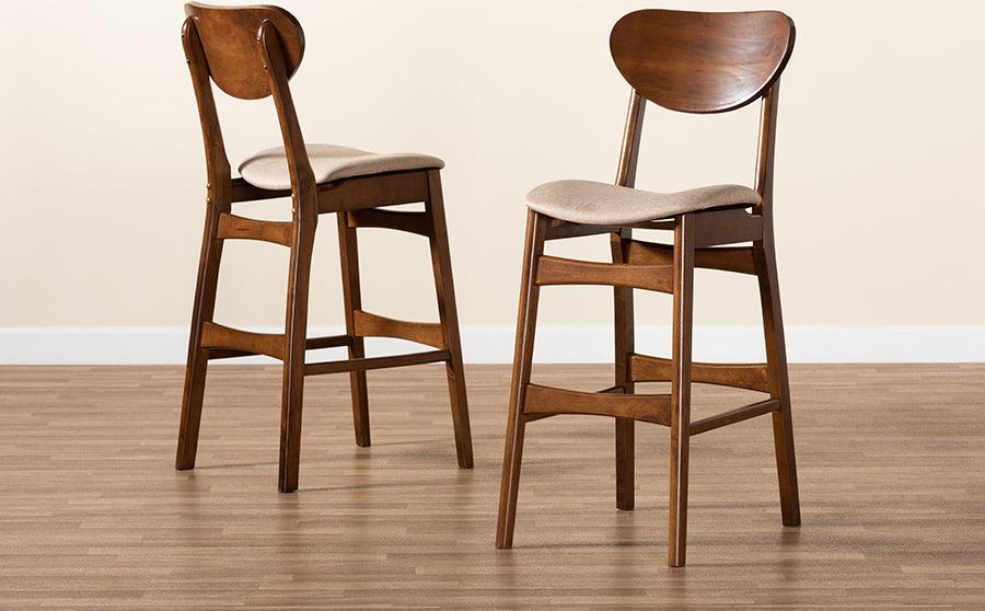 Wholesale Interiors Barstools - Katya Mid-Century Modern Sand Fabric and Brown Finished Wood 2-Piece Bar Stool Set