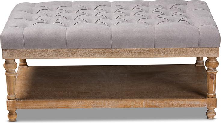 Wholesale Interiors Ottomans & Stools - Lindsey Modern and Rustic Grey Linen Fabric and Greywashed Wood Cocktail Ottoman