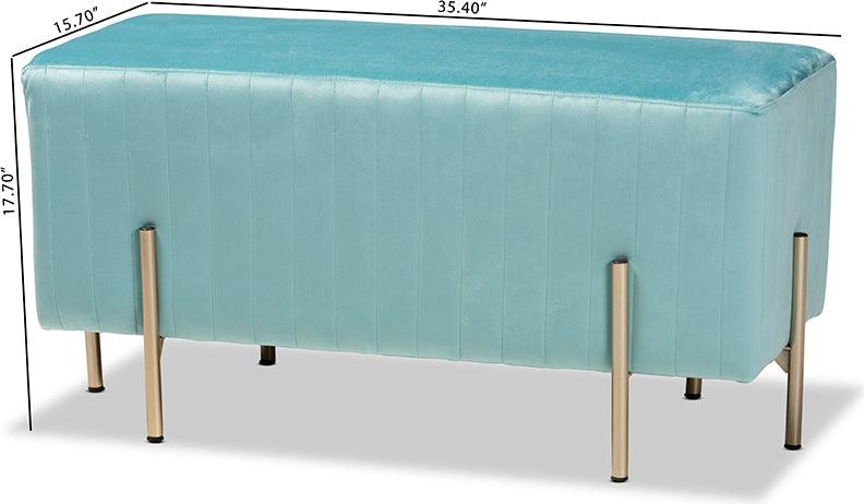 Wholesale Interiors Benches - Helaine Contemporary Glam and Luxe Sky Blue Fabric and Gold Metal Bench Ottoman